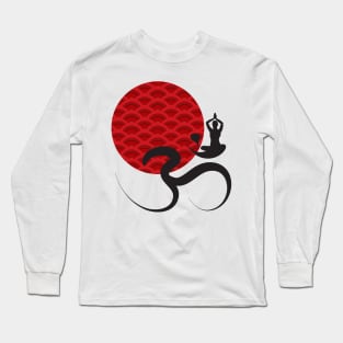 Red Scallop Sun Yoga and Om Black Calligraphy Long Sleeve T-Shirt